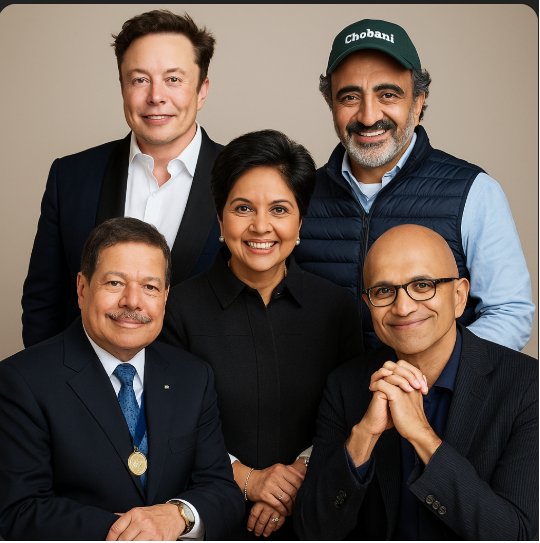 Elon Musk, Satya Nadella, Indra Nooyi, Hamdi Ulukaya ve Ahmed Zewail'in birlikte gülümserken stüdyo portresi